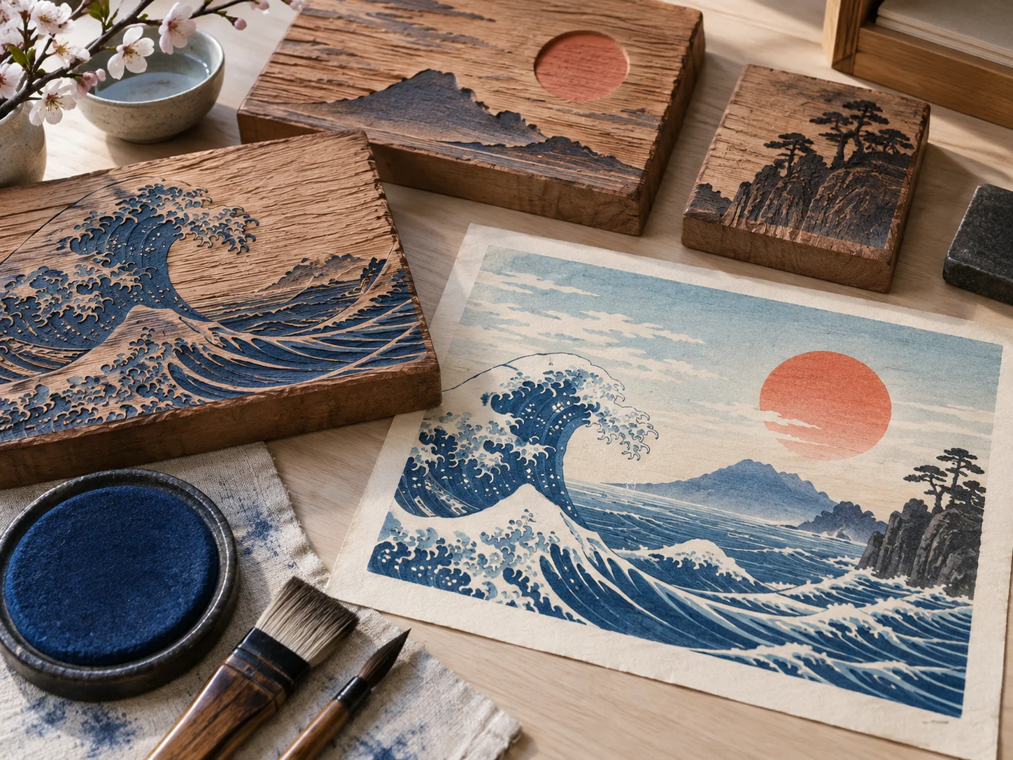 Carved woodblocks, brushes, and a finished blue wave print on a light table