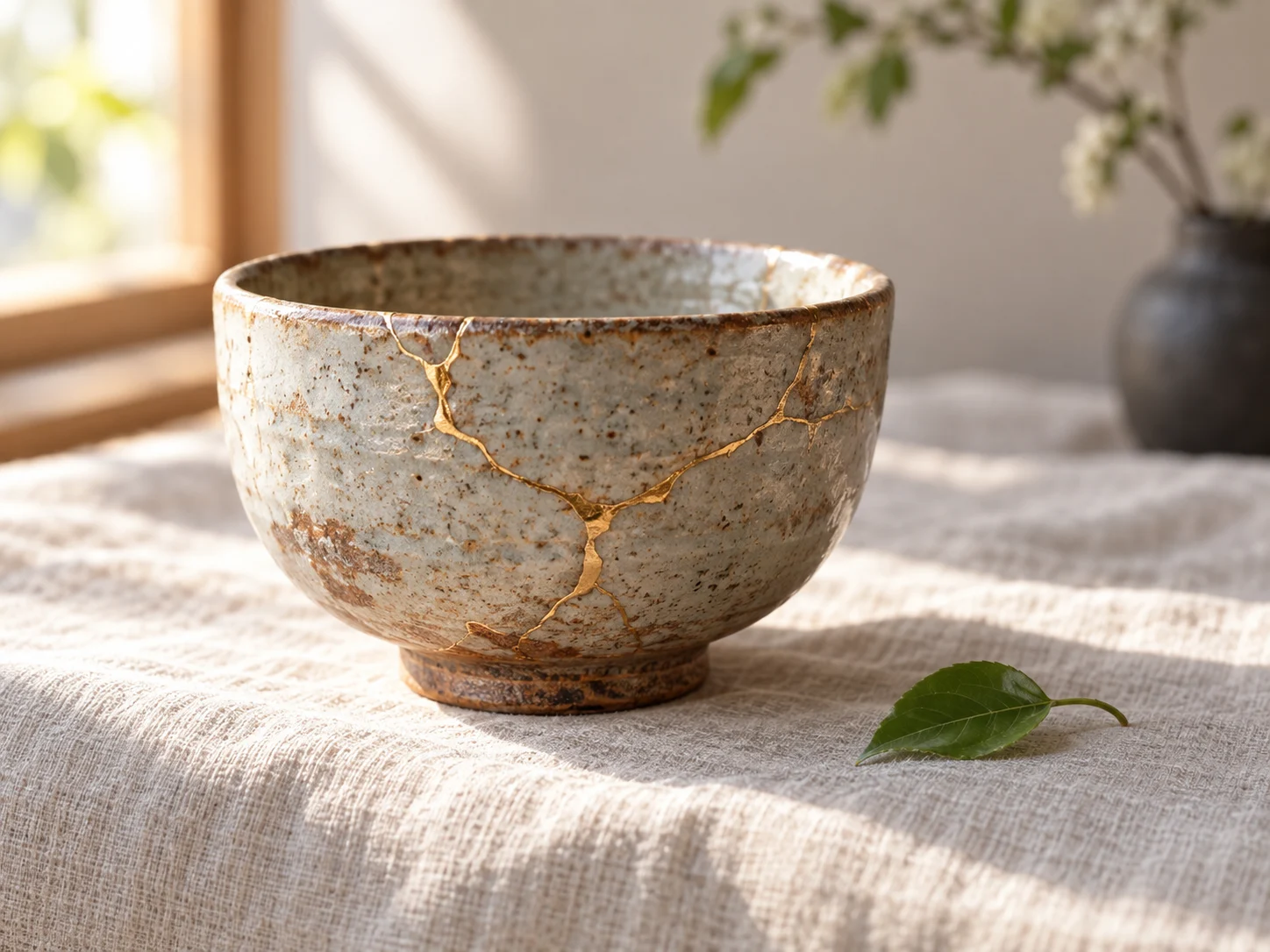 A small pale ceramic bowl repaired with fine gold lines in warm sunlight
