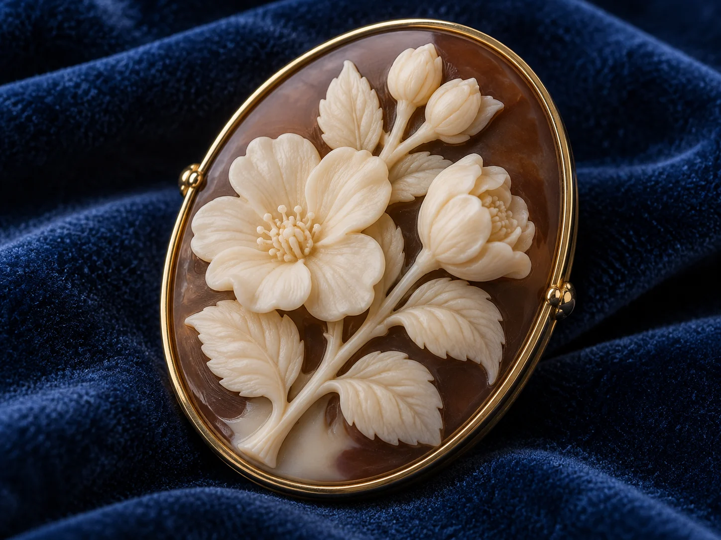 A cream floral cameo carved in relief from layered brown stone on blue velvet