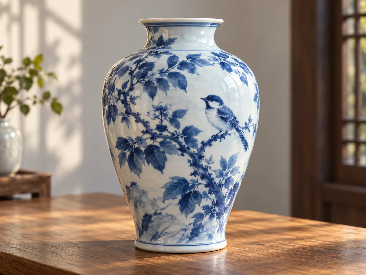 A glossy blue-and-white porcelain vase painted with leafy branches and a small bird