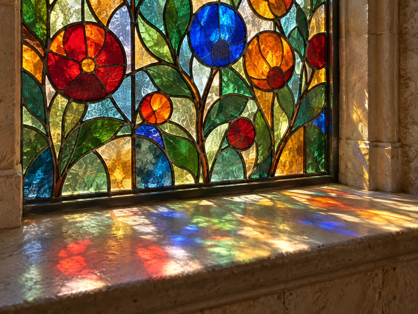 A colorful floral stained-glass window casting jewel-toned light on a stone sill