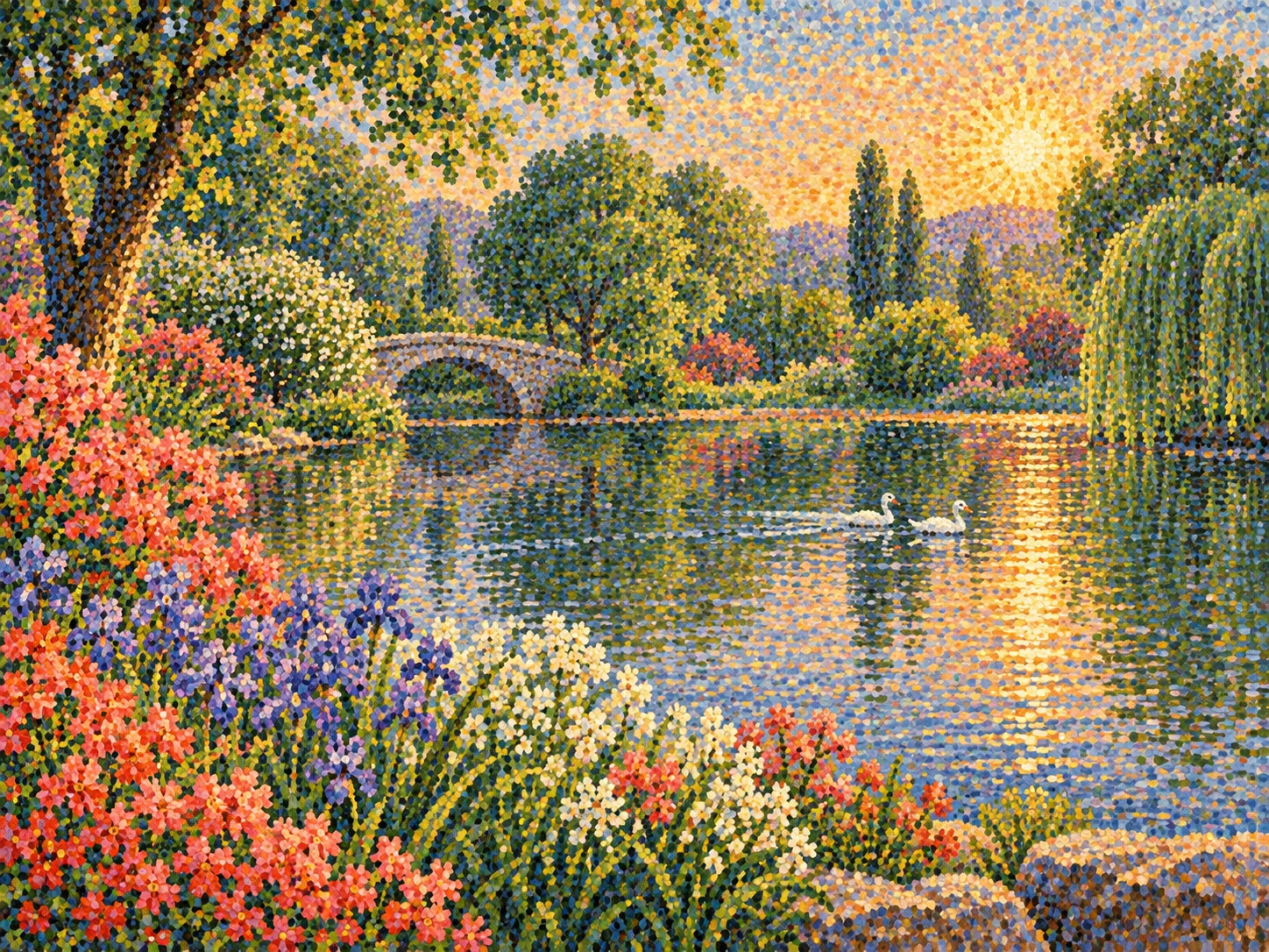 A sunny pond garden painted with thousands of small colorful dots