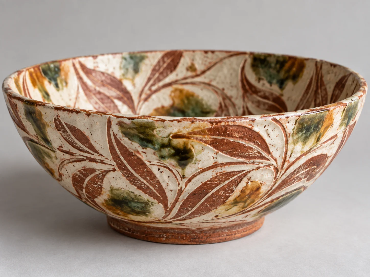 A pale ceramic bowl scratched with warm red leaf patterns and small green glaze marks