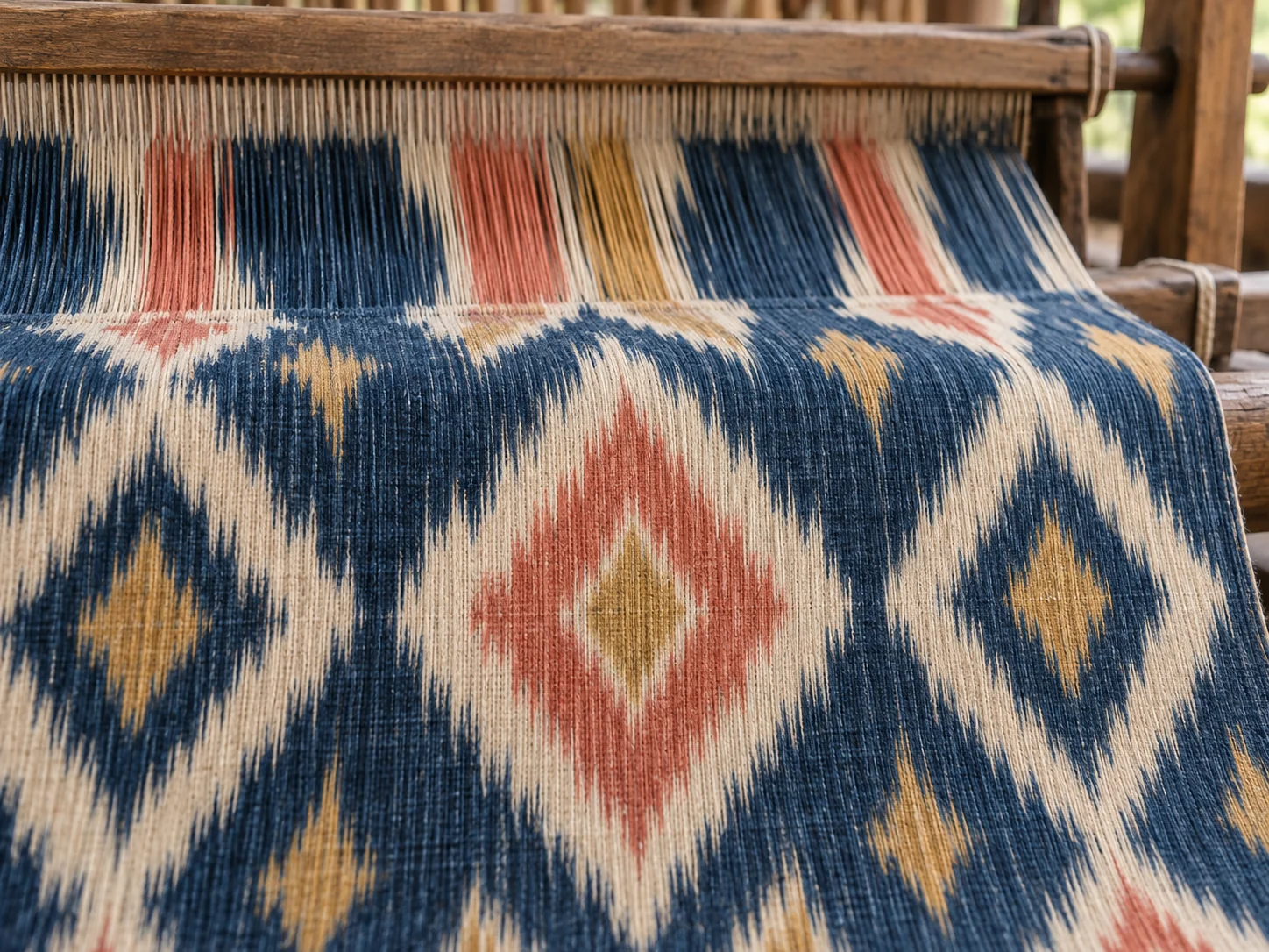 Indigo, coral, cream, and gold ikat threads forming soft-edged diamonds on a loom