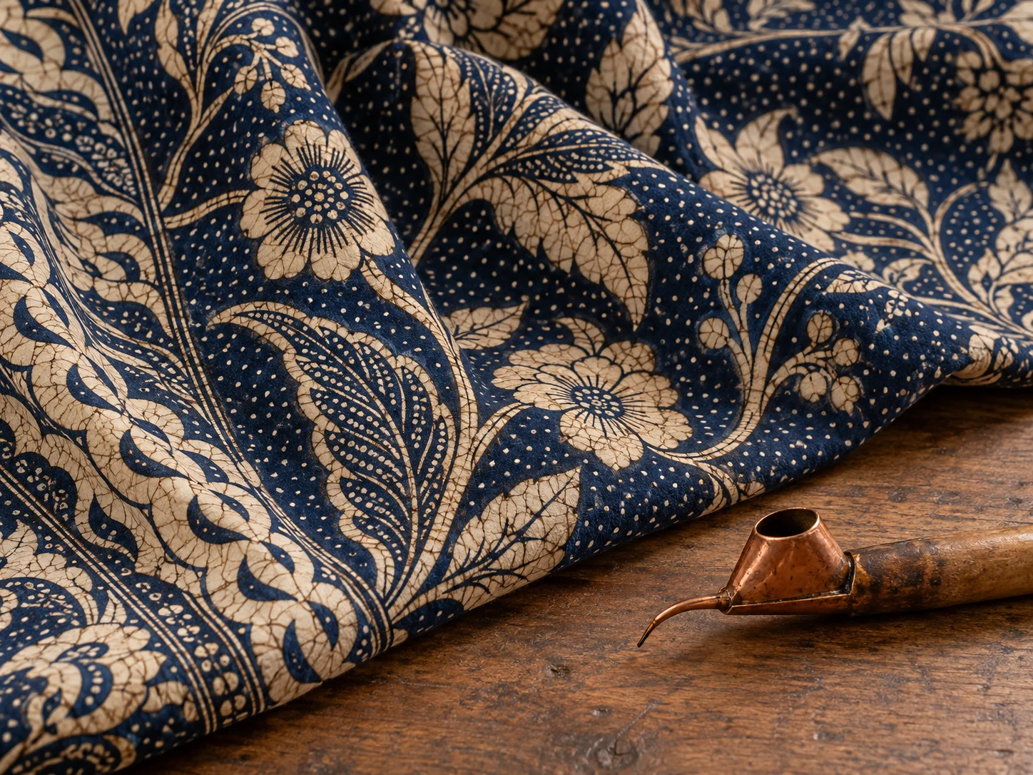 Indigo batik cloth with cream flowers and fine wax-resist lines beside a copper tool