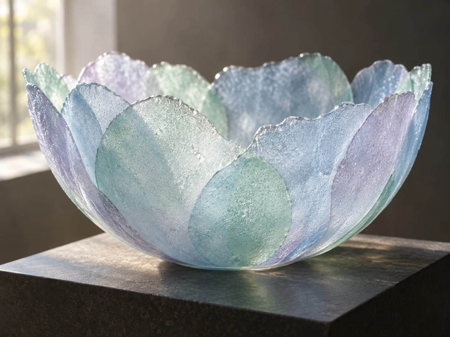 A translucent pale blue, mint, and lavender pâte de verre bowl shaped like petals