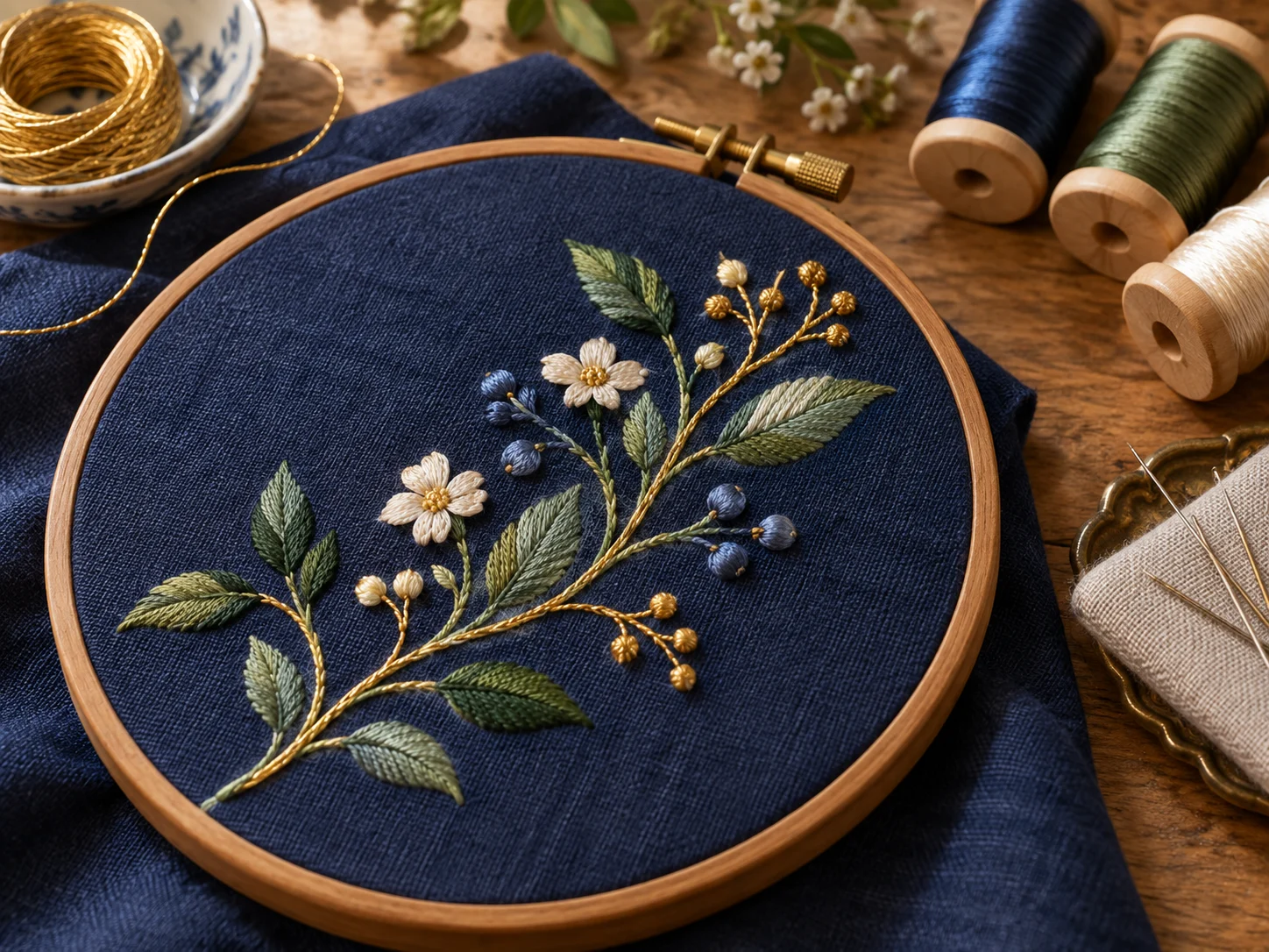A botanical silk and gold-thread embroidery in a hoop on dark blue linen