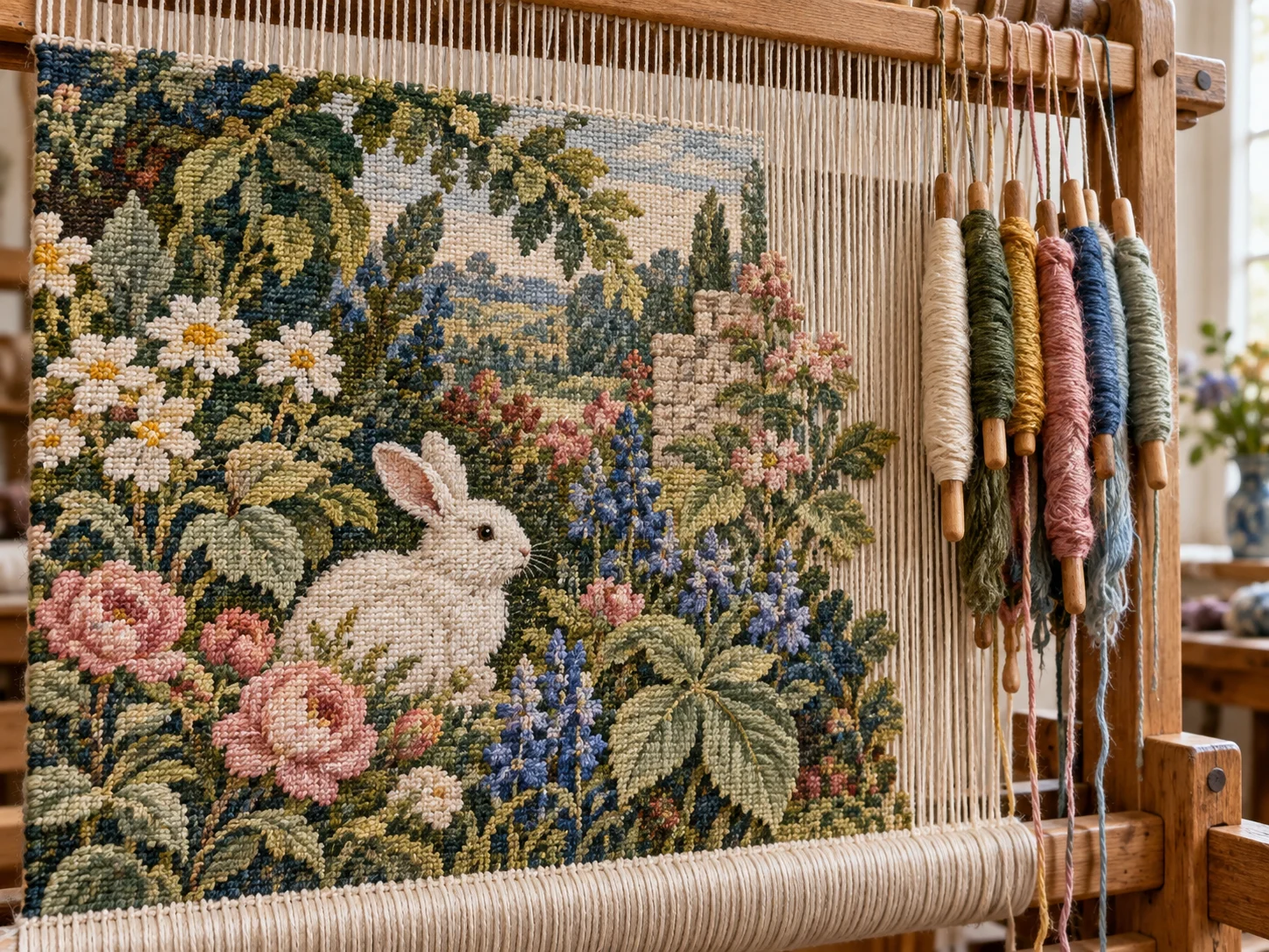 A woven garden and white rabbit taking shape on a wooden tapestry loom