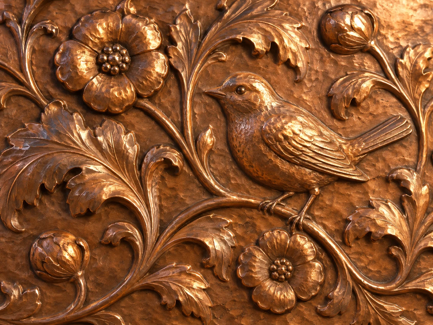 A raised copper bird and flowers formed by repoussé hammering