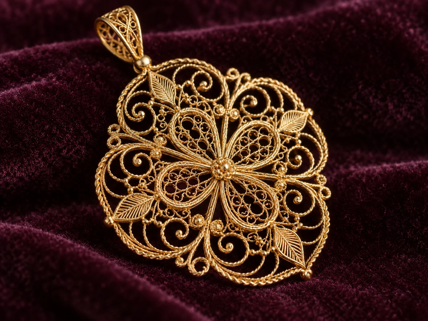 A flower-shaped gold filigree pendant made from fine twisted wires on plum velvet
