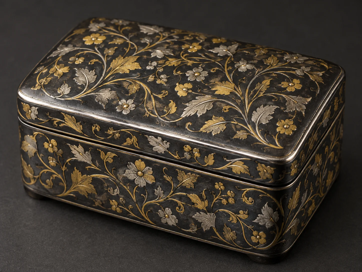 A blackened steel box inlaid with fine gold and silver flowers and vines