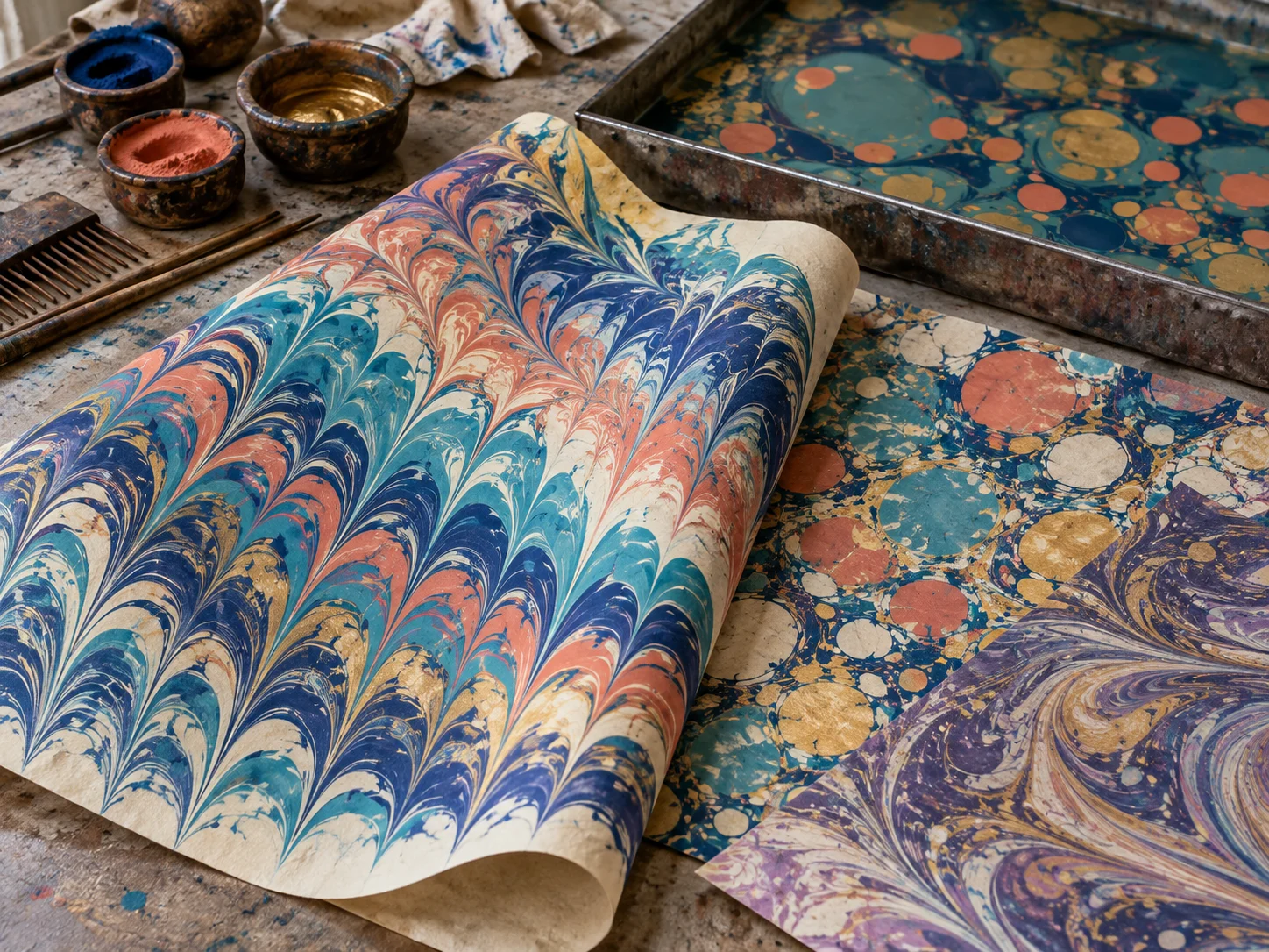 Colorful marbled paper sheets with combed waves and round stone-like swirls
