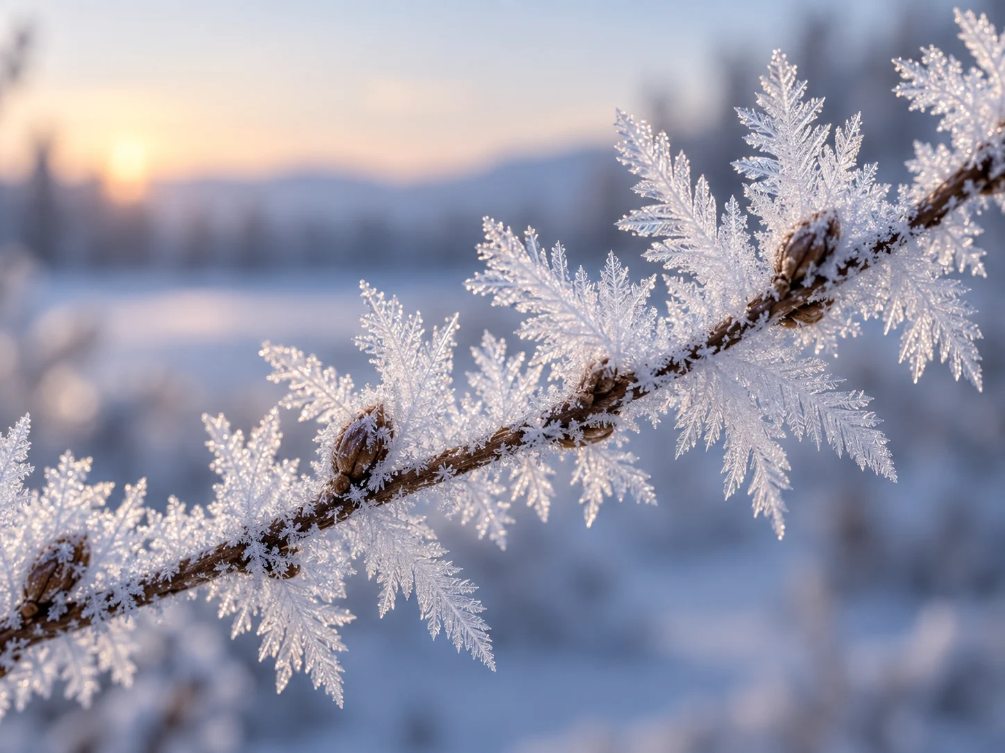 Feathery white hoar frost crystals covering a slender winter twig