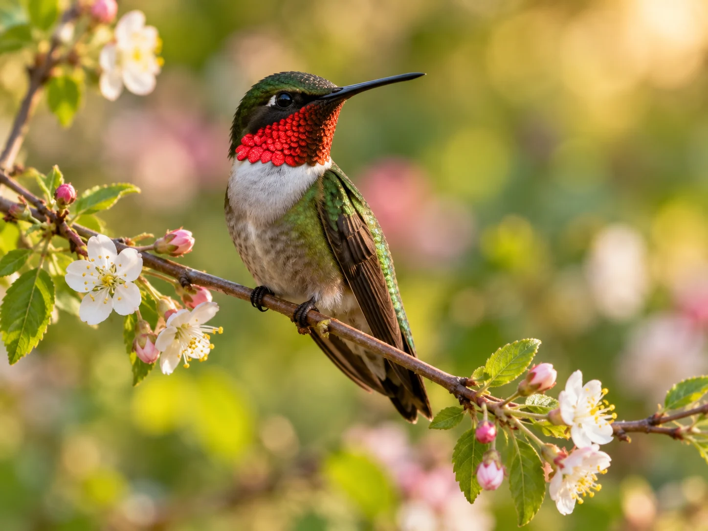 A ruby-throated hummingbird flashing a bright red throat on a flowering branch
