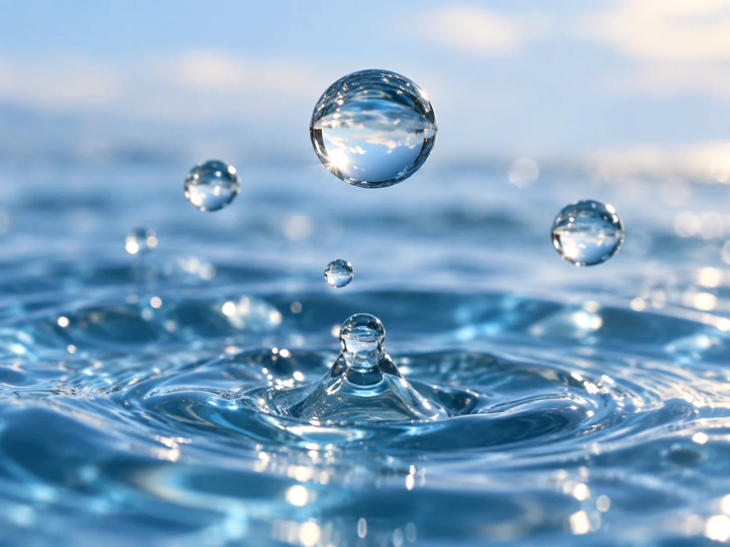Several nearly spherical water droplets suspended above a blue pool