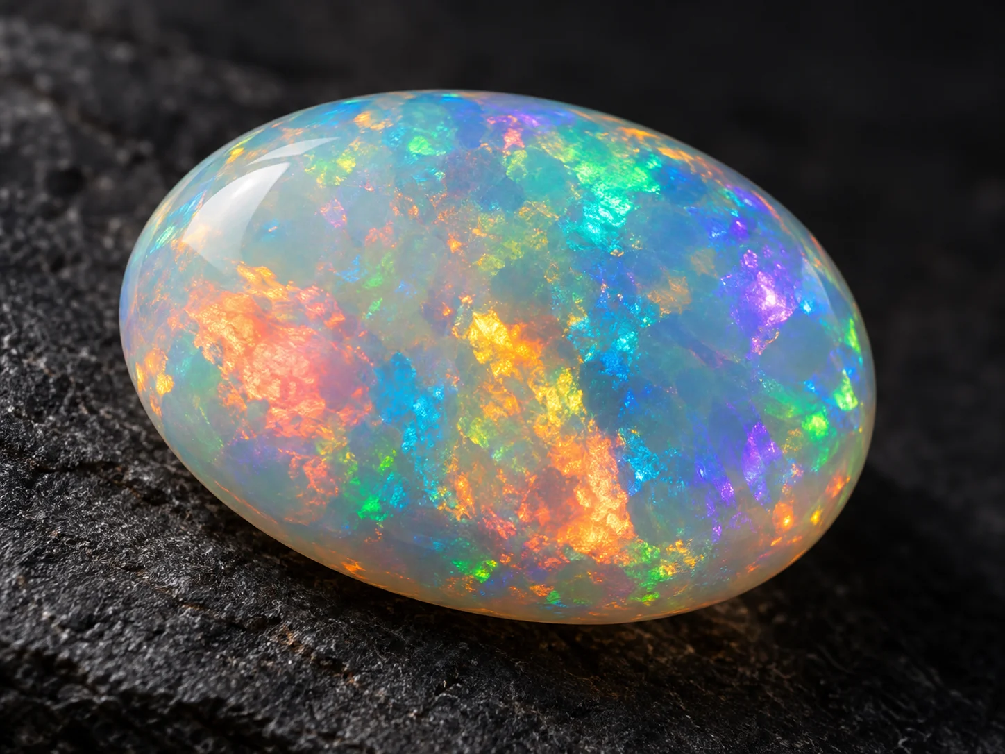 A polished milky opal flashing blue, green, coral, gold, and violet colors