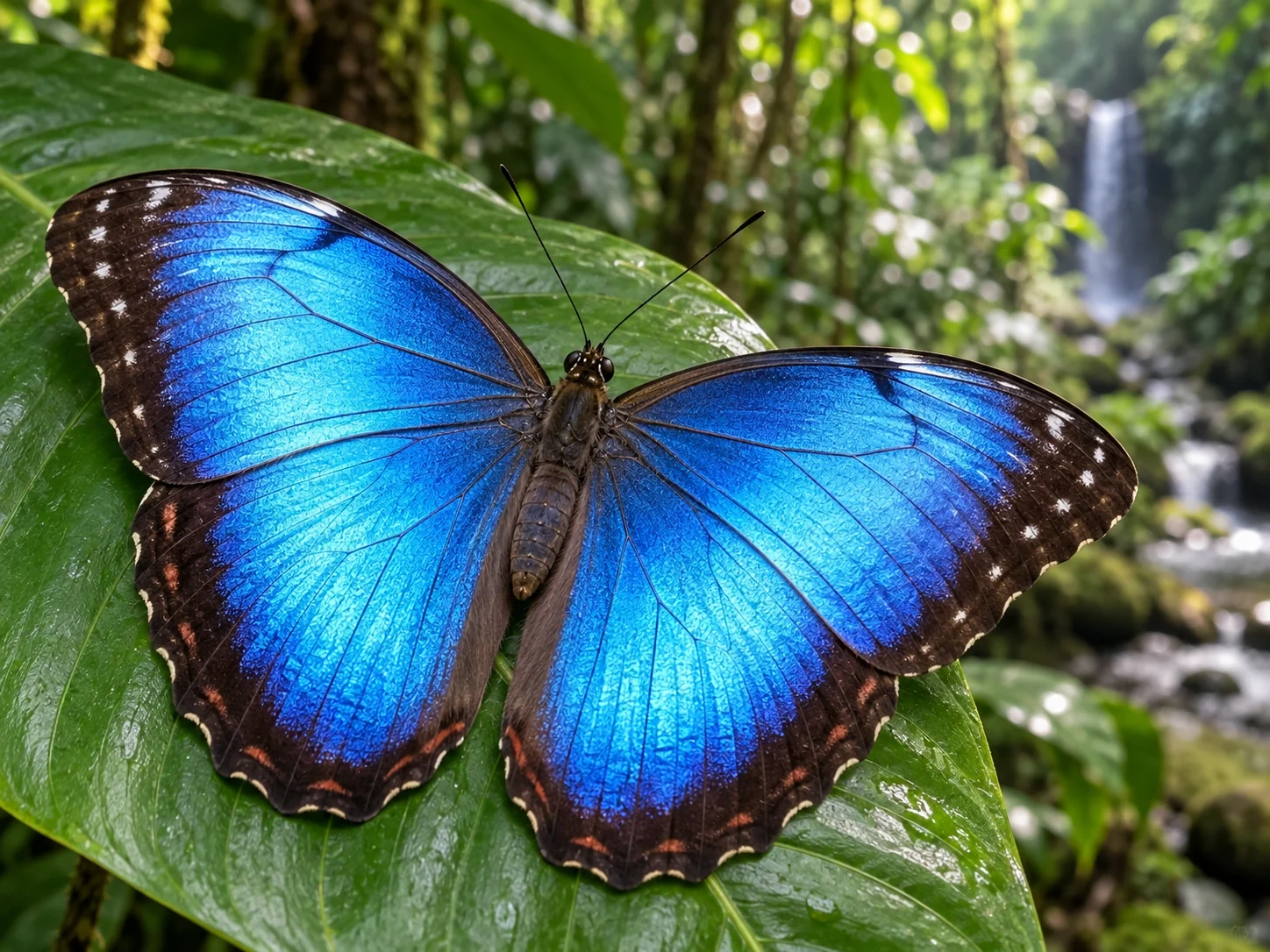 A brilliant blue Morpho butterfly resting with open wings on a green leaf