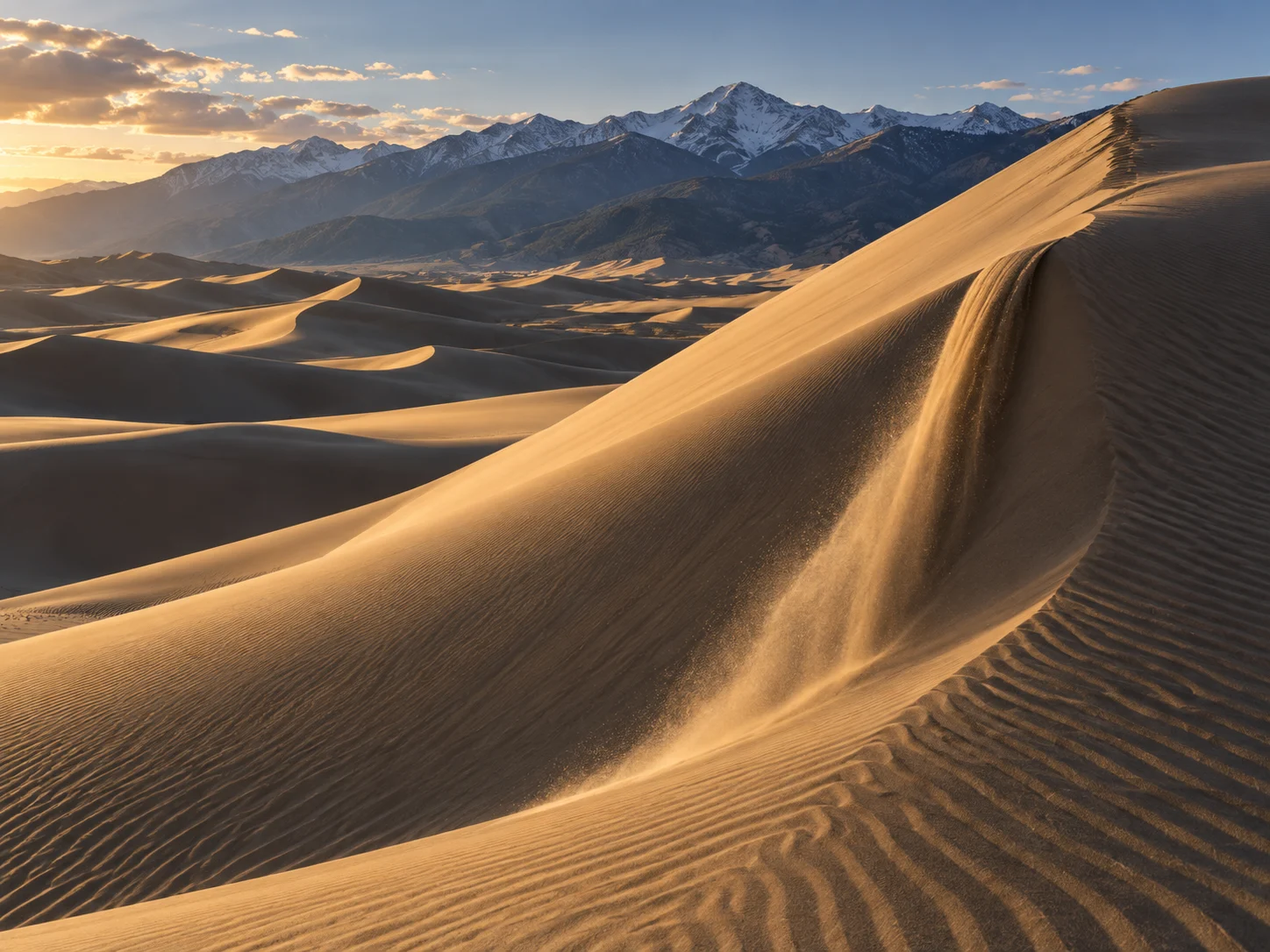 Dry golden sand sliding down a steep rippled dune with blue mountains beyond