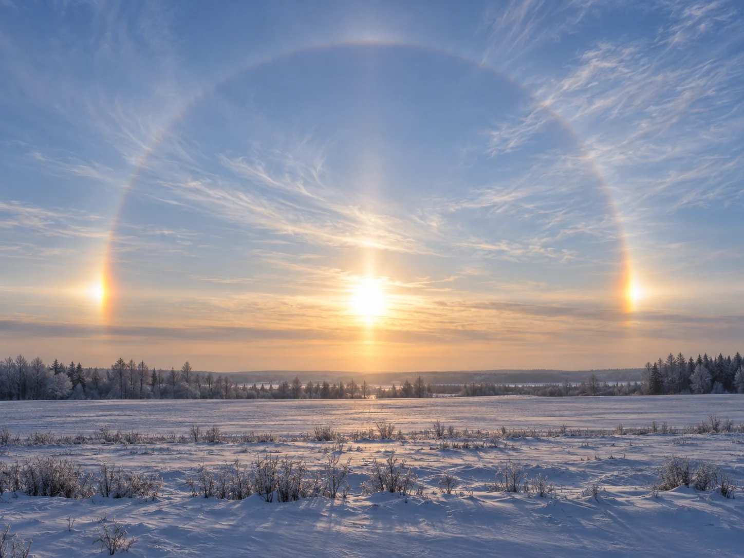 Two bright sundogs and a faint circular halo beside a low winter Sun