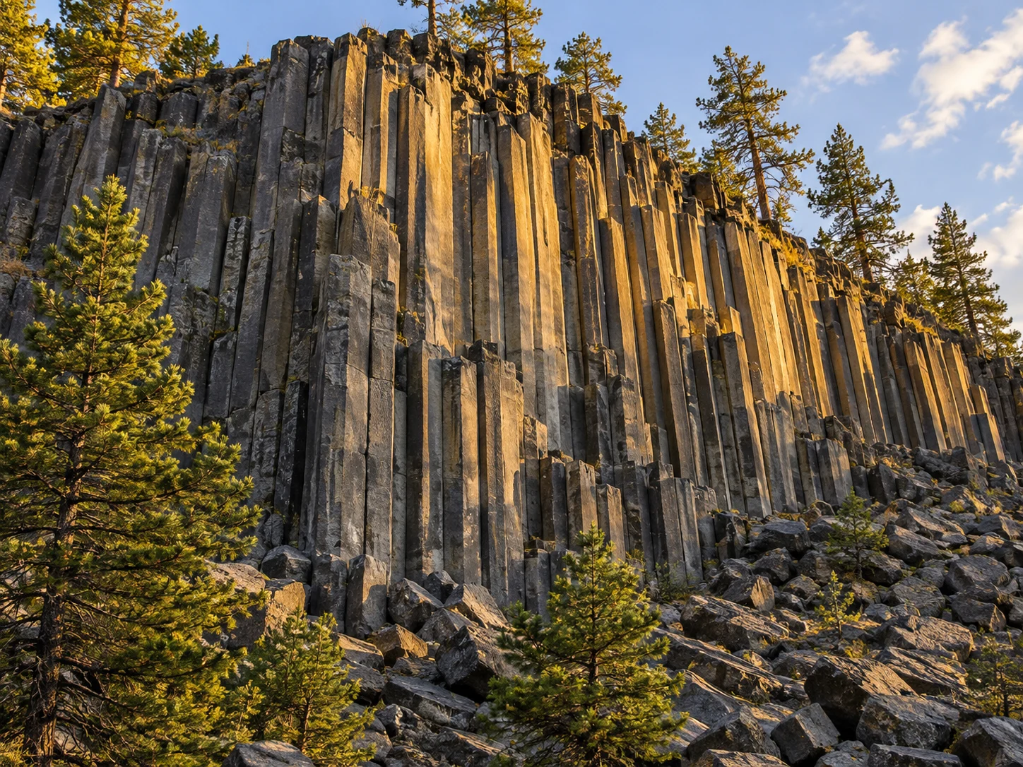 Tall polygonal basalt columns glowing in warm light among pine trees