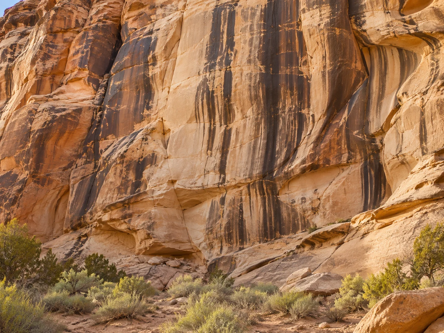 Dark desert-varnish streaks running down warm pale sandstone cliffs