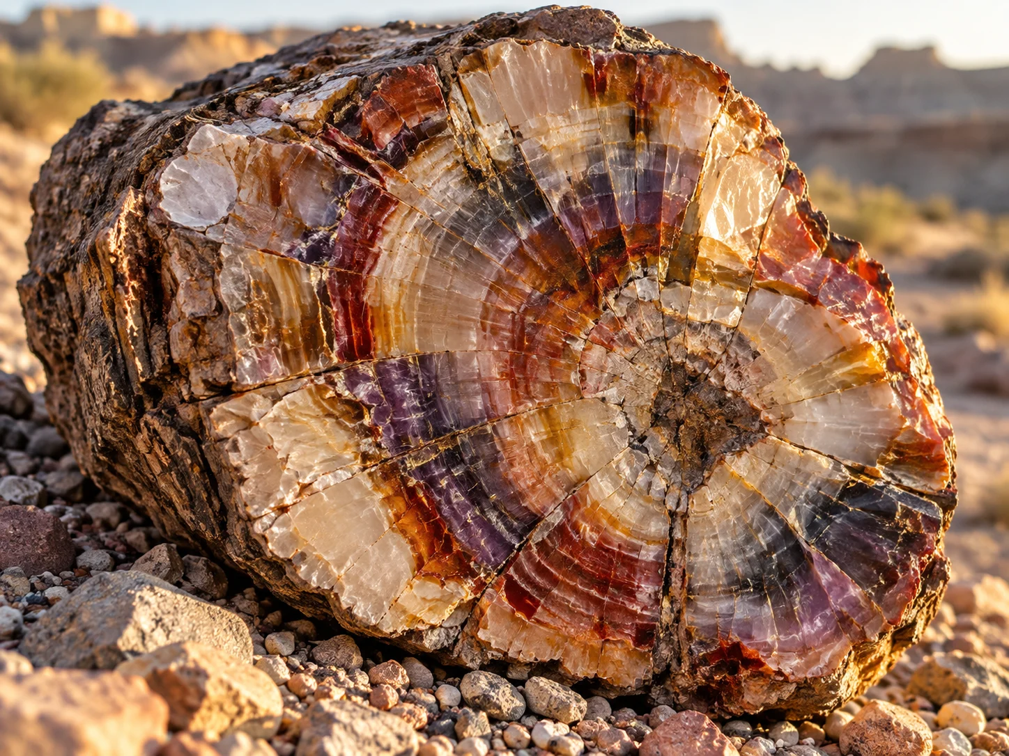 A colorful sparkling cross-section of petrified wood lying on desert gravel