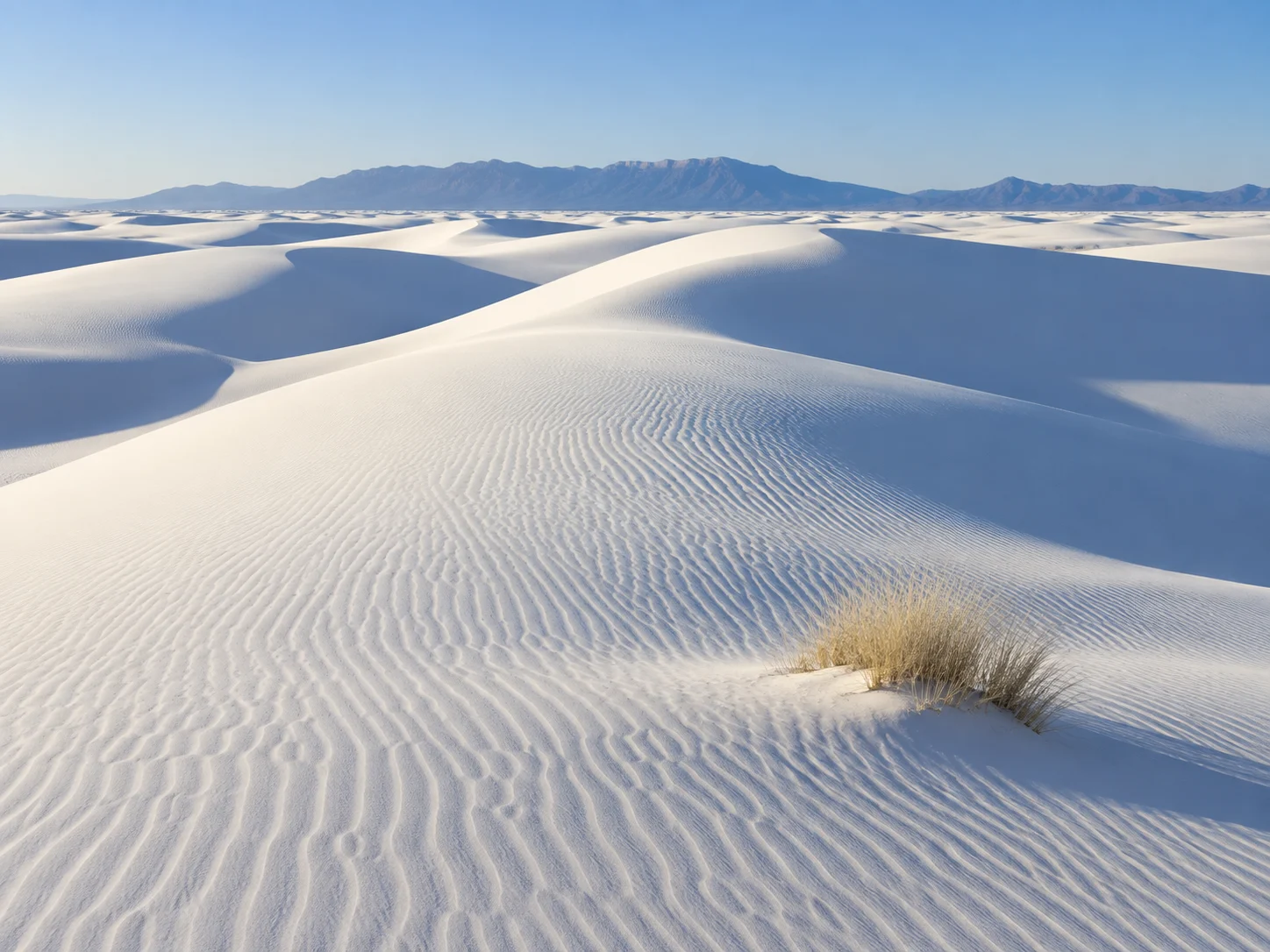 White gypsum dunes with fine wind ripples beneath a clear blue sky
