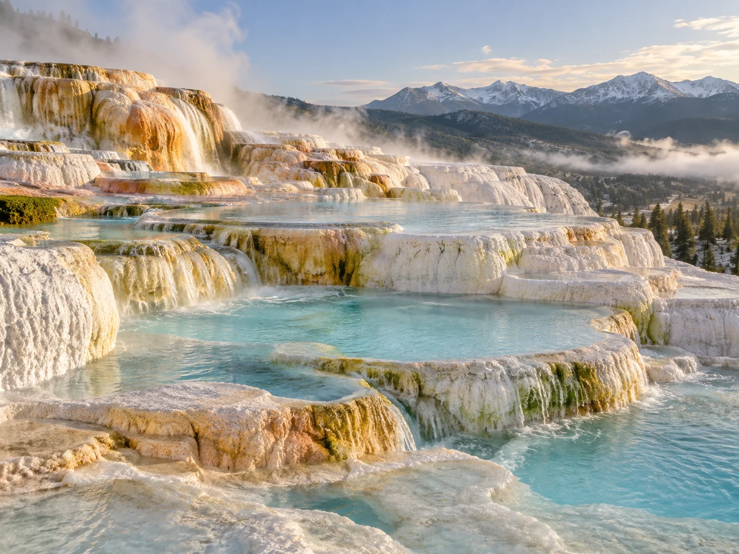 Chalk-white travertine terraces holding pale turquoise hot-spring water