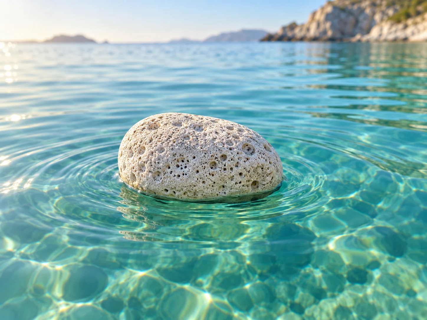 A pale porous pumice stone floating on clear turquoise water