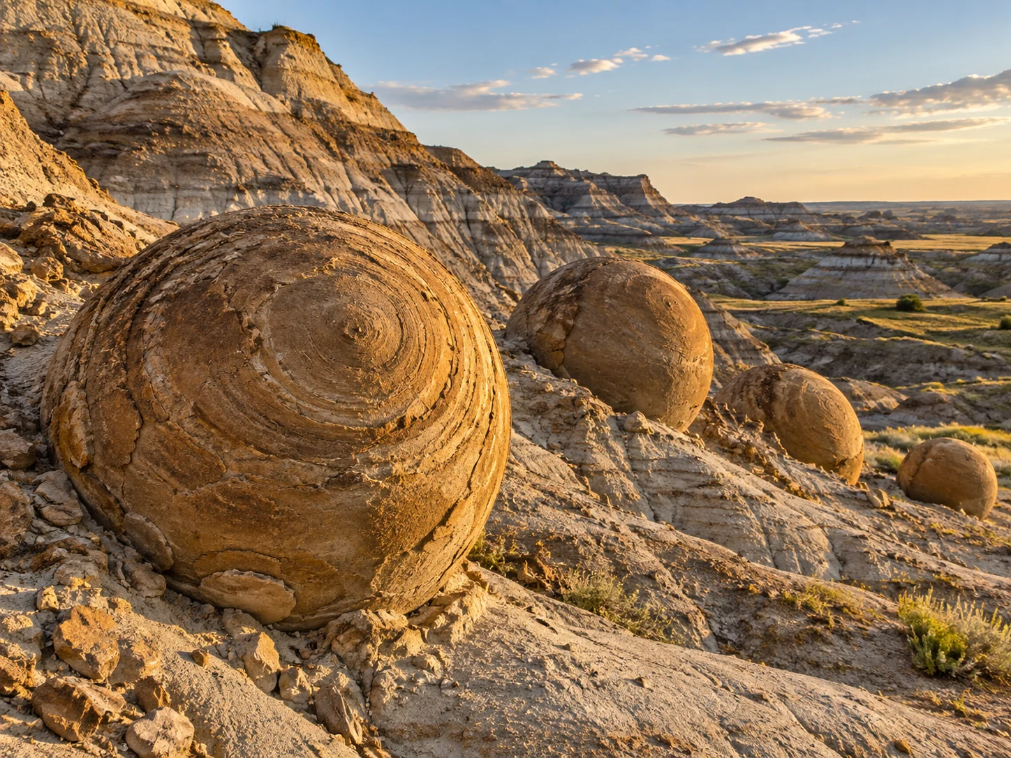Several round brown stone concretions emerging from softly layered badlands