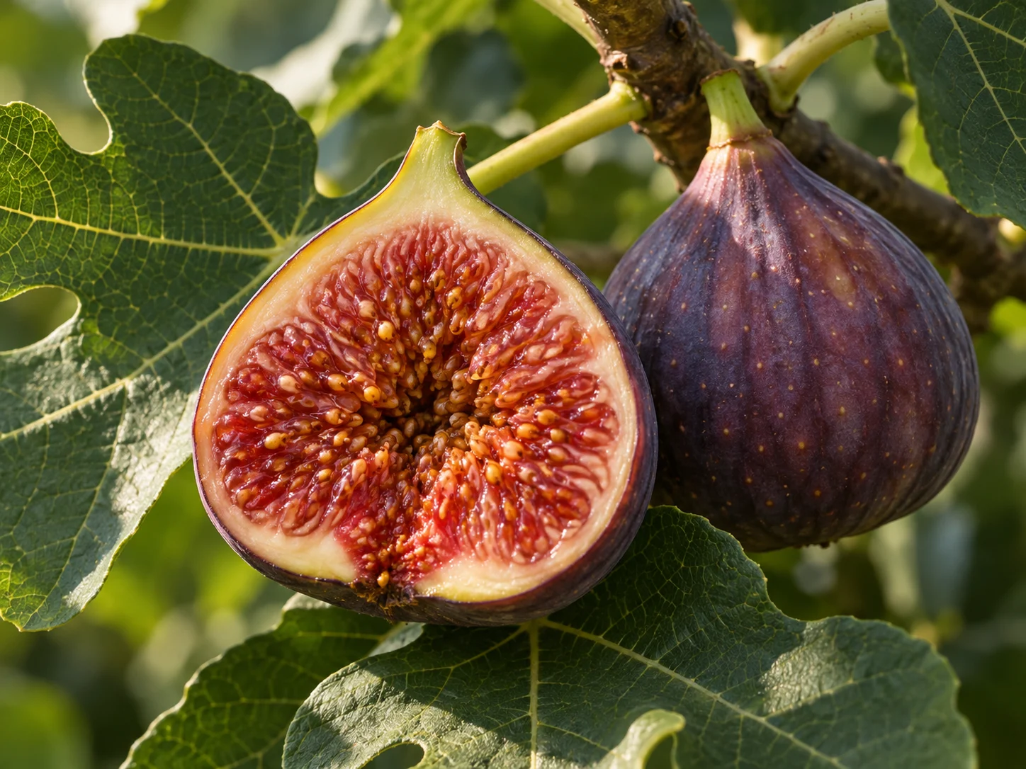 A ripe purple fig cut open beside a whole fig on a leafy branch