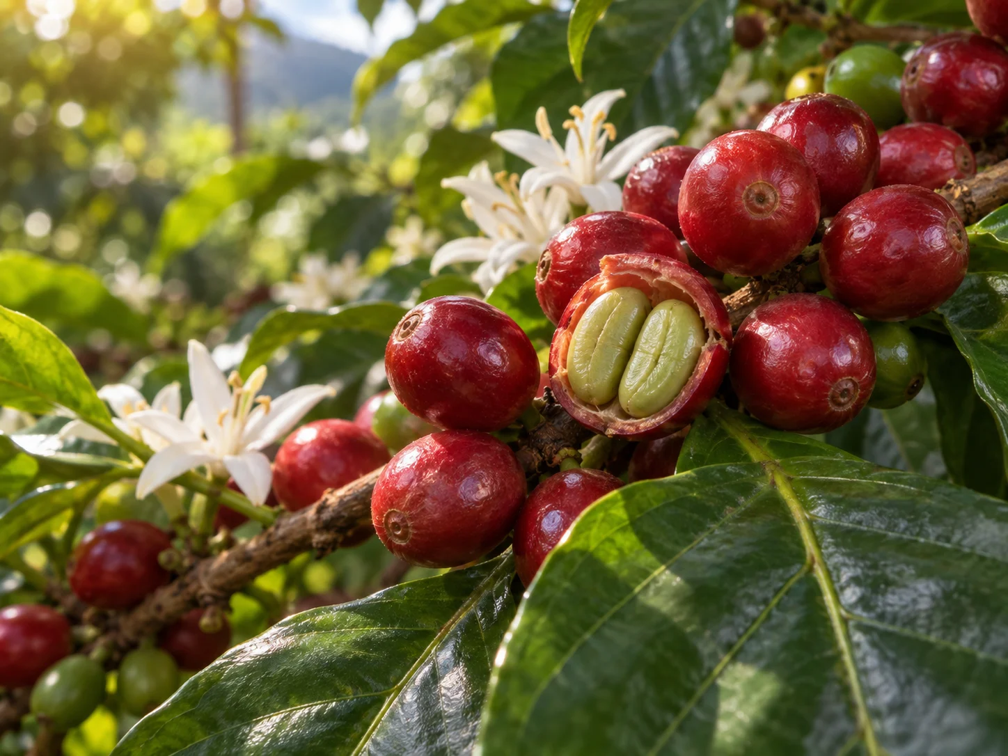 Glossy red coffee cherries with one open fruit showing two pale green seeds