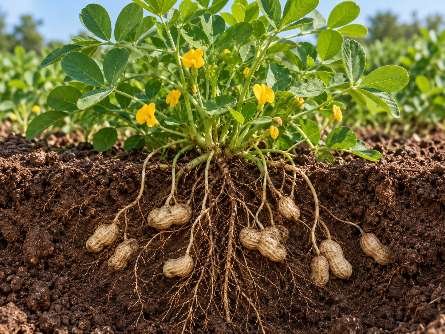A peanut plant with yellow flowers above soil and pale pods developing underground