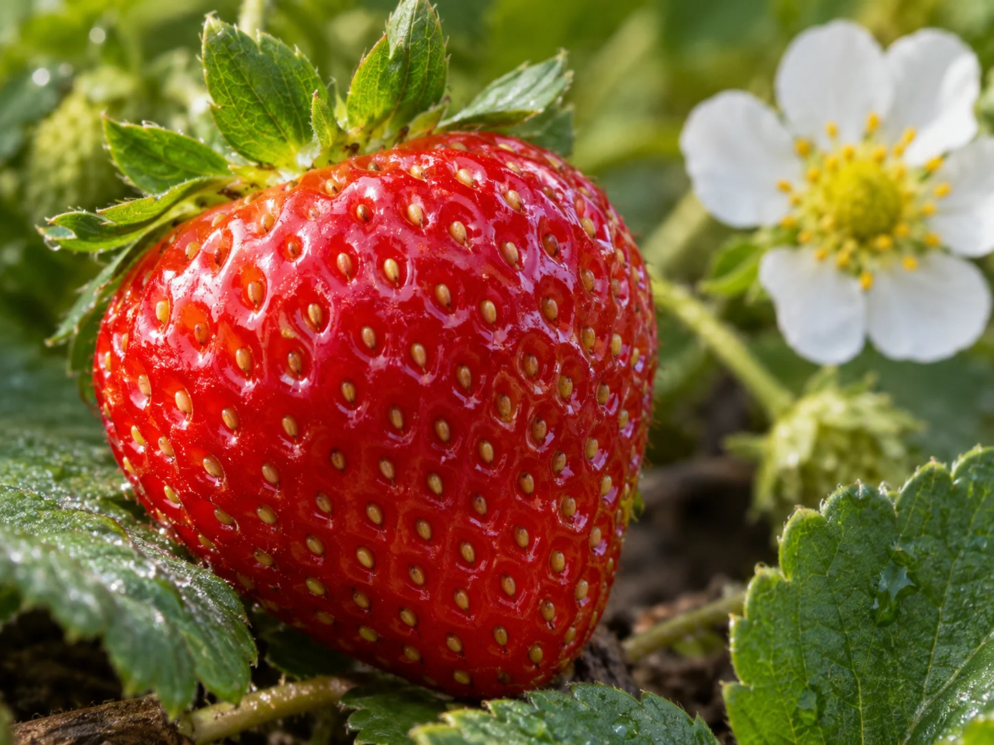 A ripe red strawberry with many tiny golden achenes visible on its surface