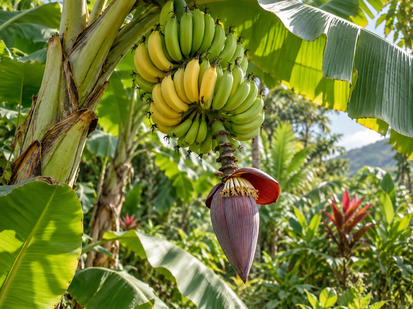 A bunch of green and yellow bananas hanging above a deep purple banana flower
