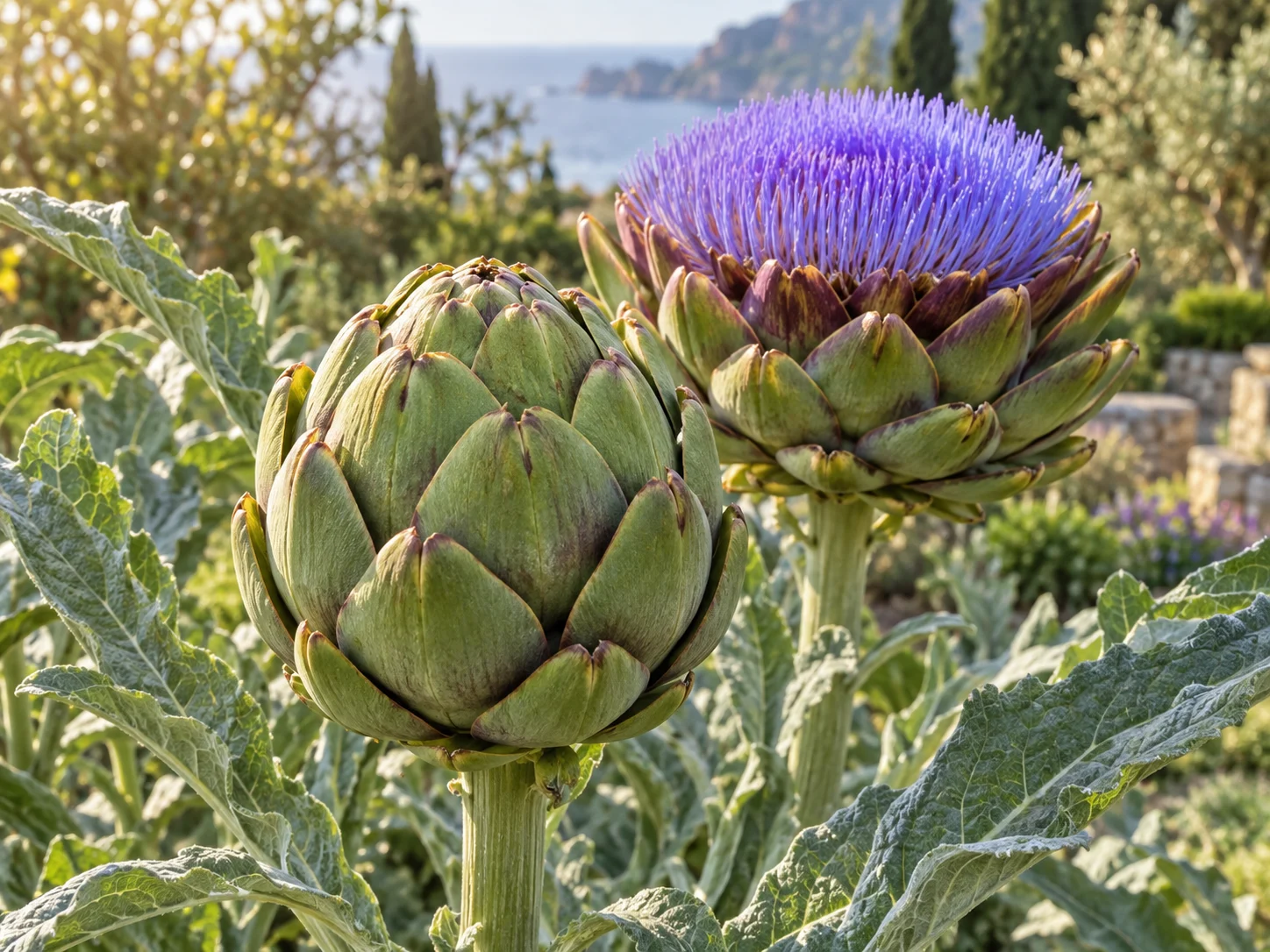 A closed green artichoke bud beside a fully opened violet-blue flower