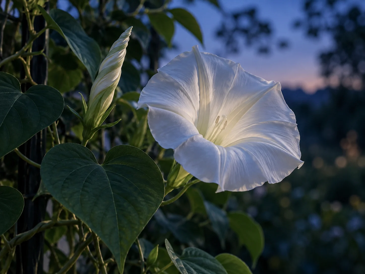 A luminous white moonflower open beside a spiral bud at blue dusk