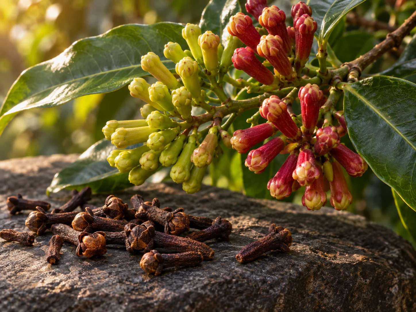 Green and red clove buds on a leafy branch above several dried brown cloves