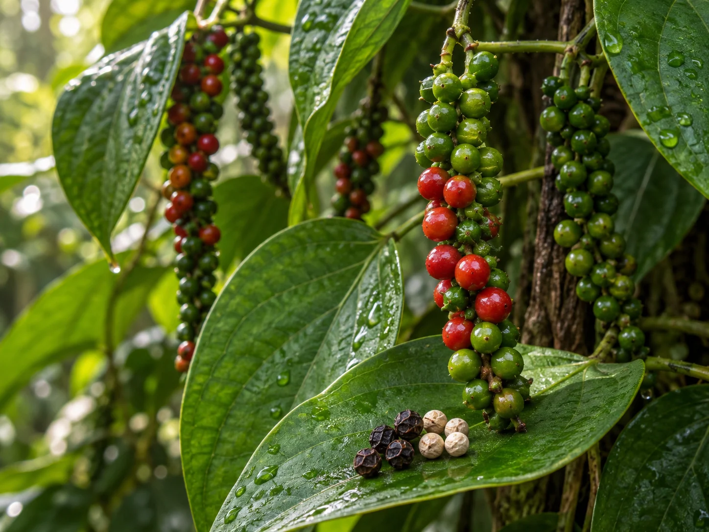 Green and red pepper fruits on a vine with black and pale peppercorns on a leaf