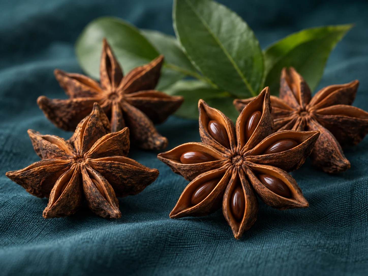 Brown star-anise fruits with glossy seeds tucked into their pointed sections