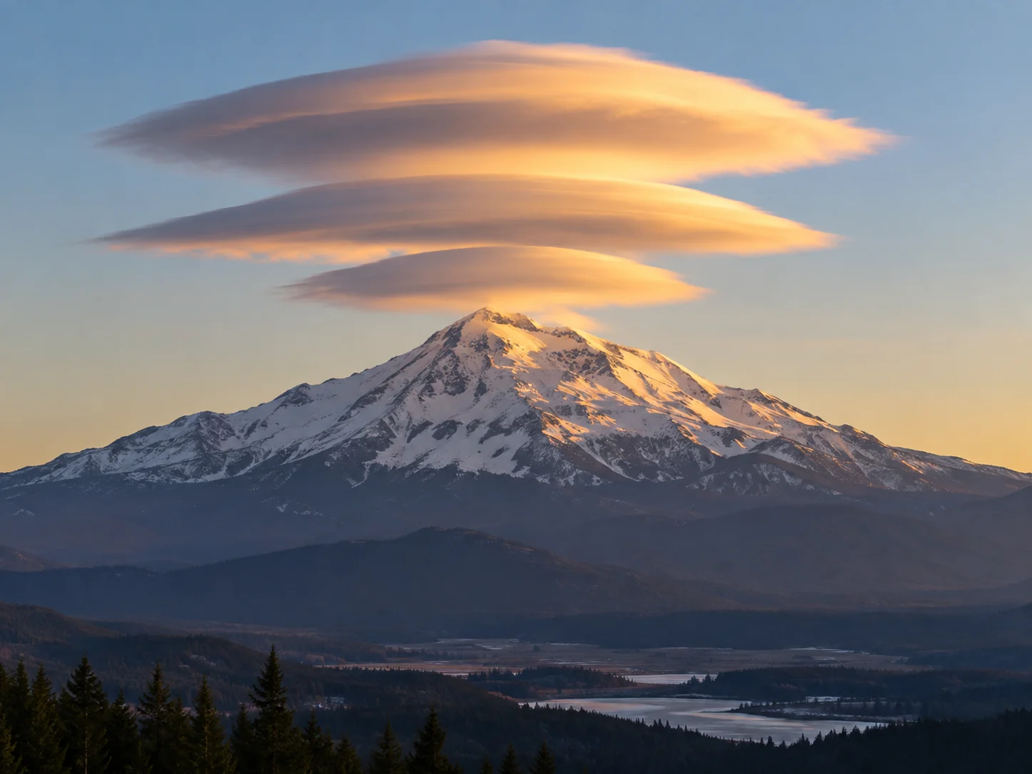 Three smooth peach-colored lenticular clouds stacked above a snowy mountain