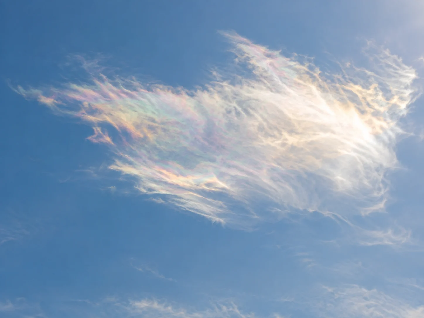 A thin white cloud edged with soft pink, mint, lavender and gold iridescence