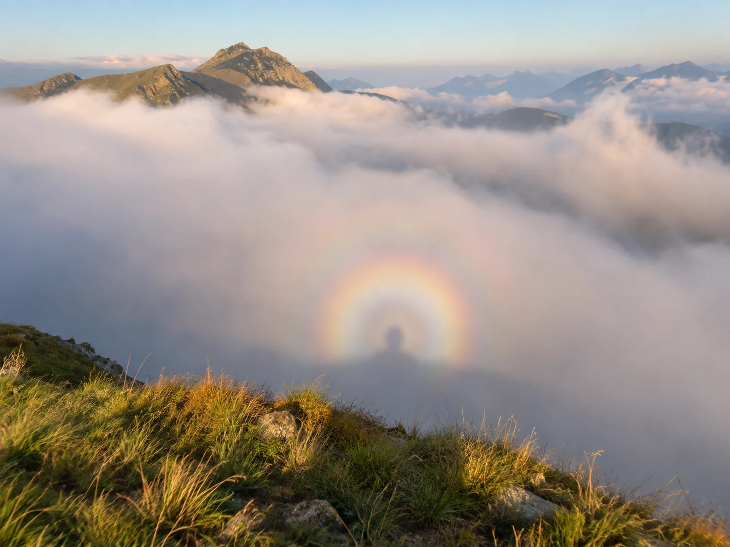 Pastel circular glory rings surrounding a small shadow on mountain mist