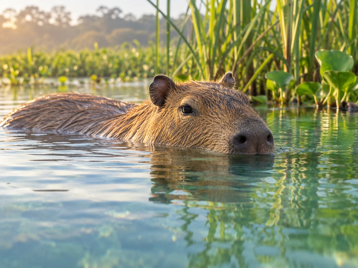 A capybara resting in clear water with its eyes, ears and nostrils above the surface