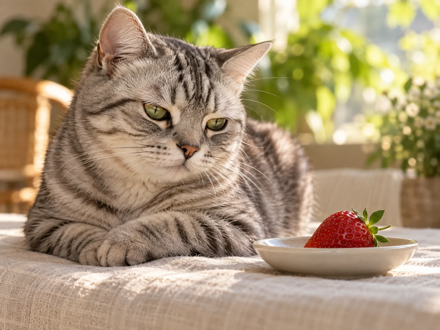 A relaxed silver tabby cat looking at an untouched strawberry on a small plate