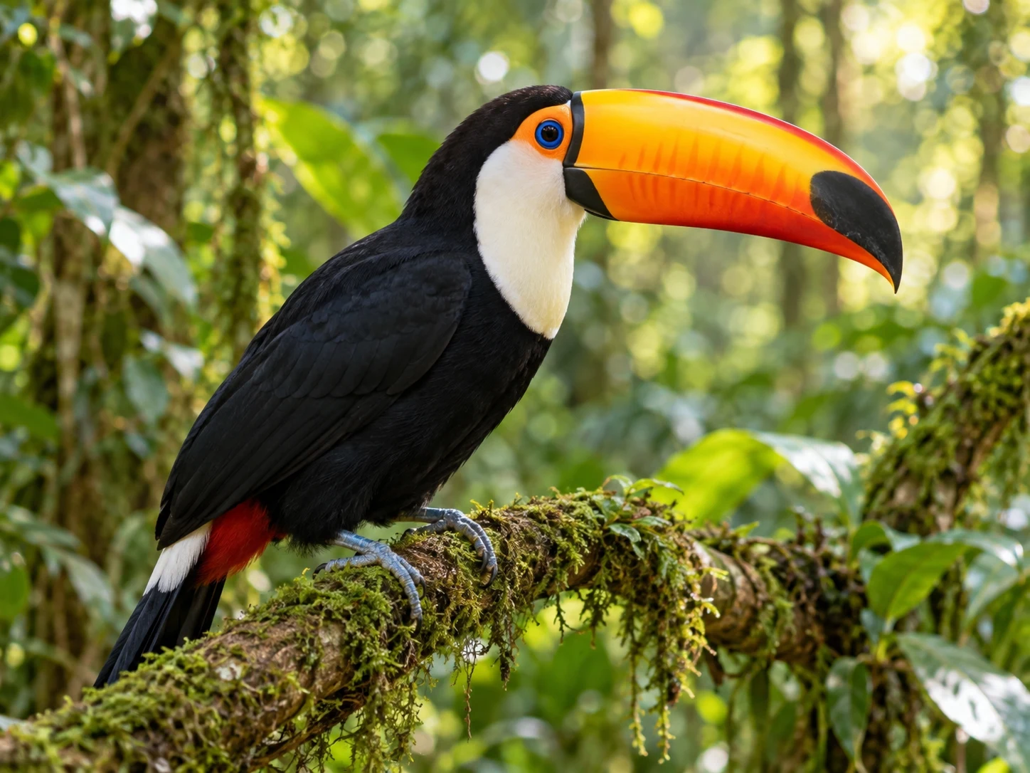 A toco toucan perched in a green rainforest with its large orange bill in profile