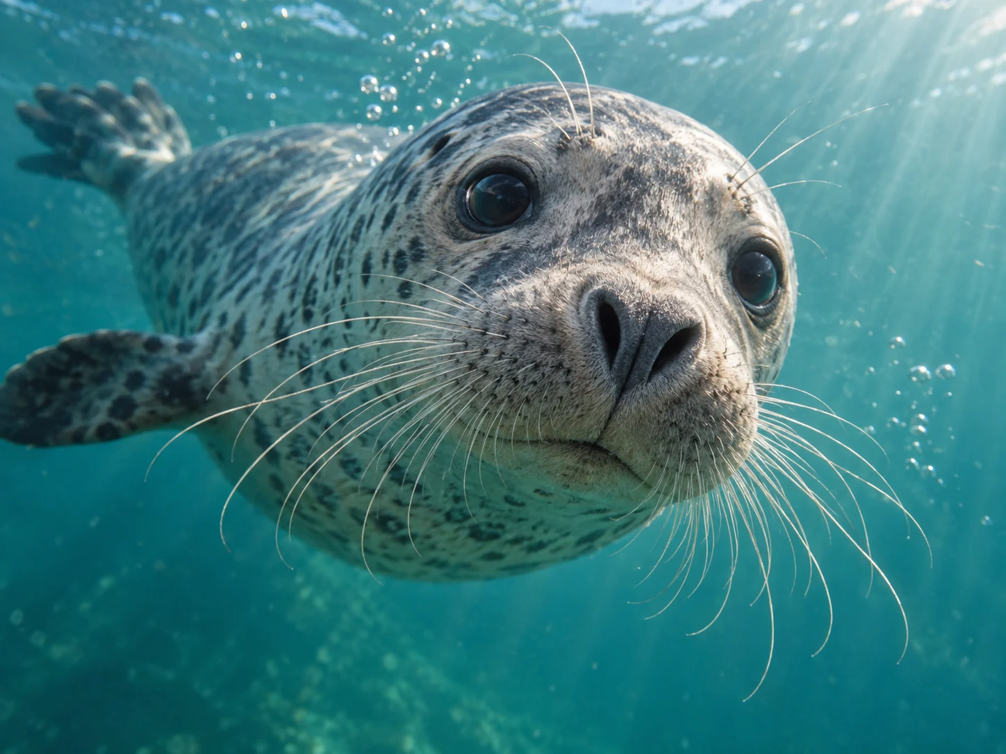A harbor seal swimming through clear blue water with long whiskers visible
