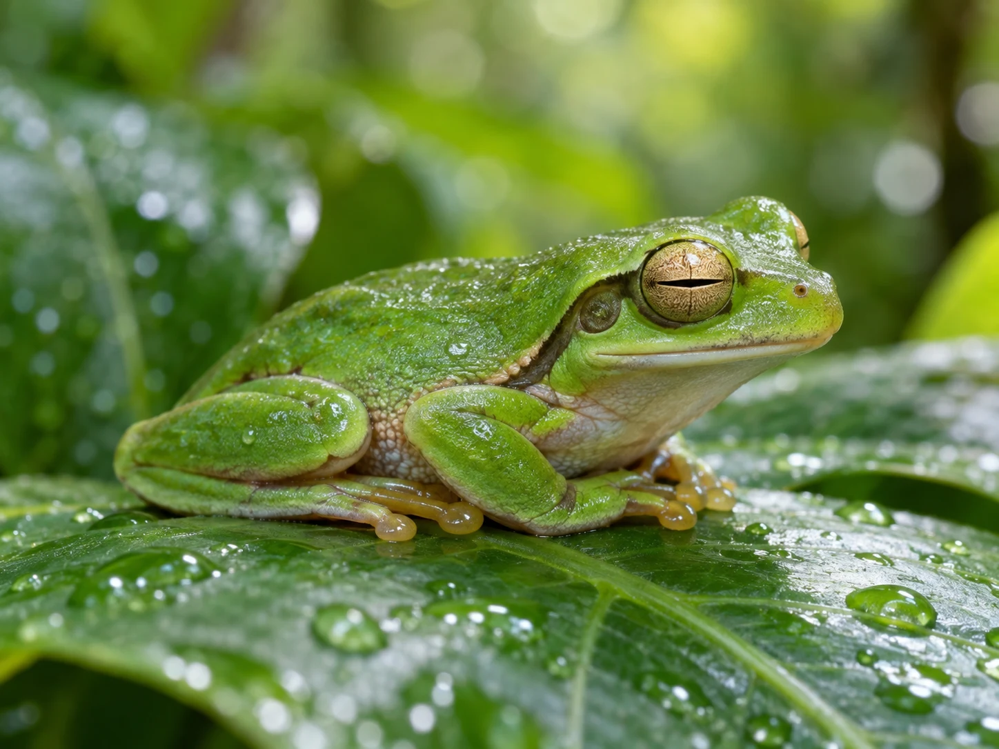 A green tree frog sitting calmly on a wet leaf with one golden eye half closed