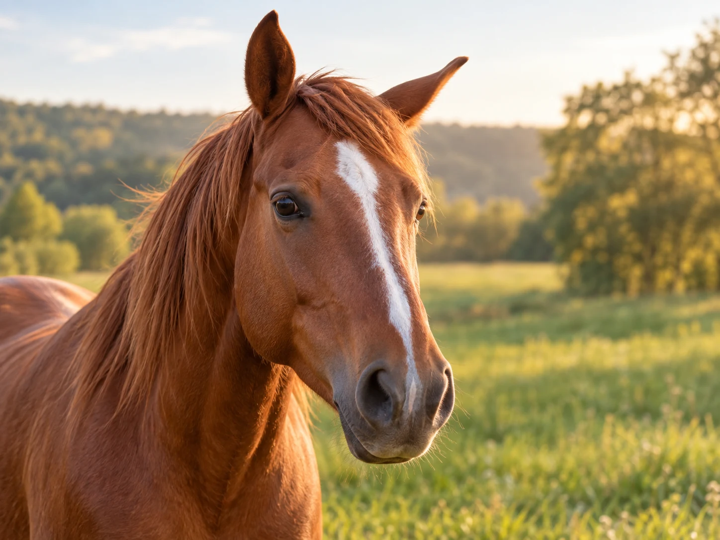A chestnut horse in a sunny meadow with its ears pointing in different directions