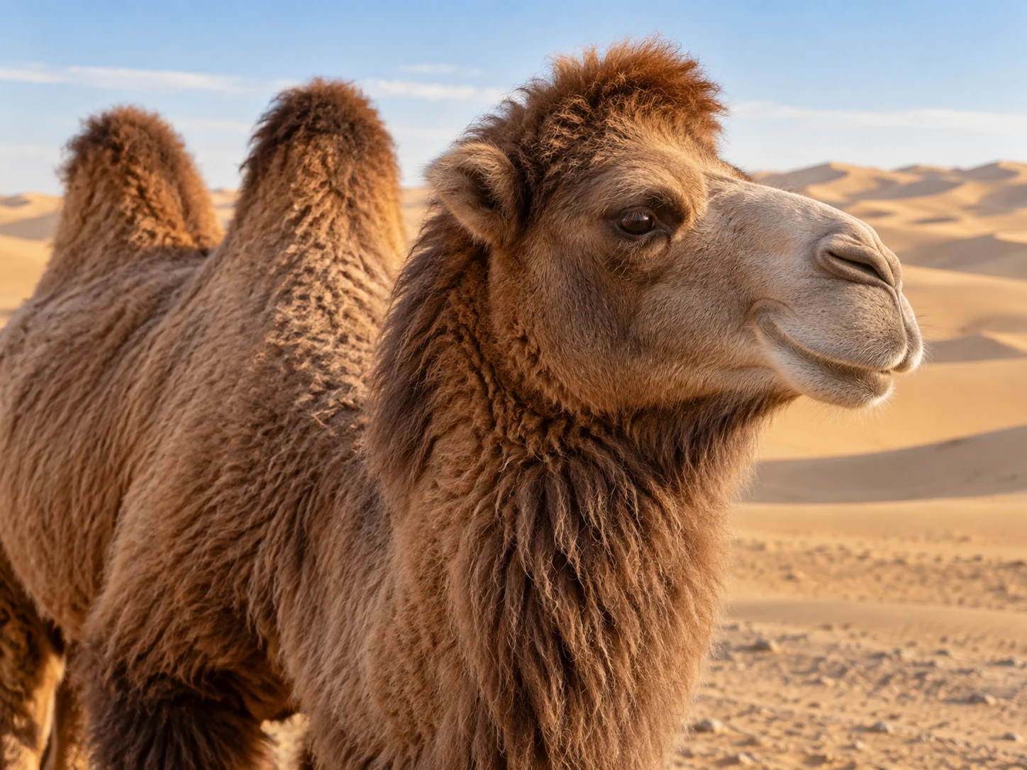 A shaggy Bactrian camel in warm desert light with its soft muzzle in profile